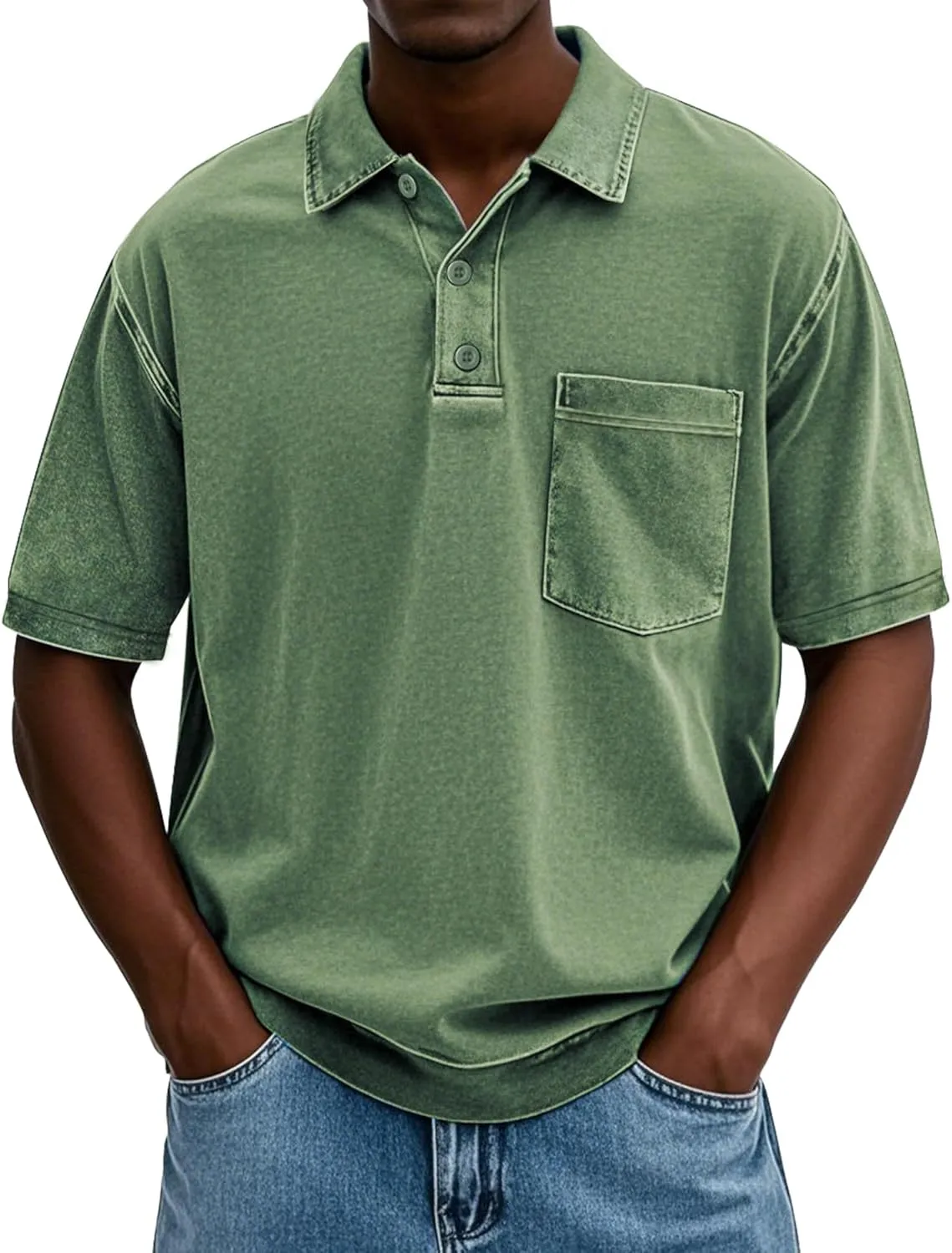 Men's Polo Shirts Short Sleeve Distressed Washed T-Shirt Button Casual Banded Bottom Tee Tops with Pocket