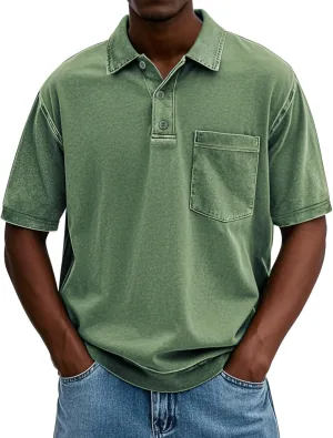 Men's Polo Shirts Short Sleeve Distressed Washed T-Shirt Button Casual Banded Bottom Tee Tops with Pocket
