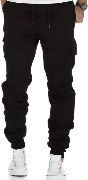 Mens Slim Fit Tapered Pants Flap Pocket Drawstring Elastic Waist Ripstop Cargo Joggers Stretch Chino Casul Work Trousers Black