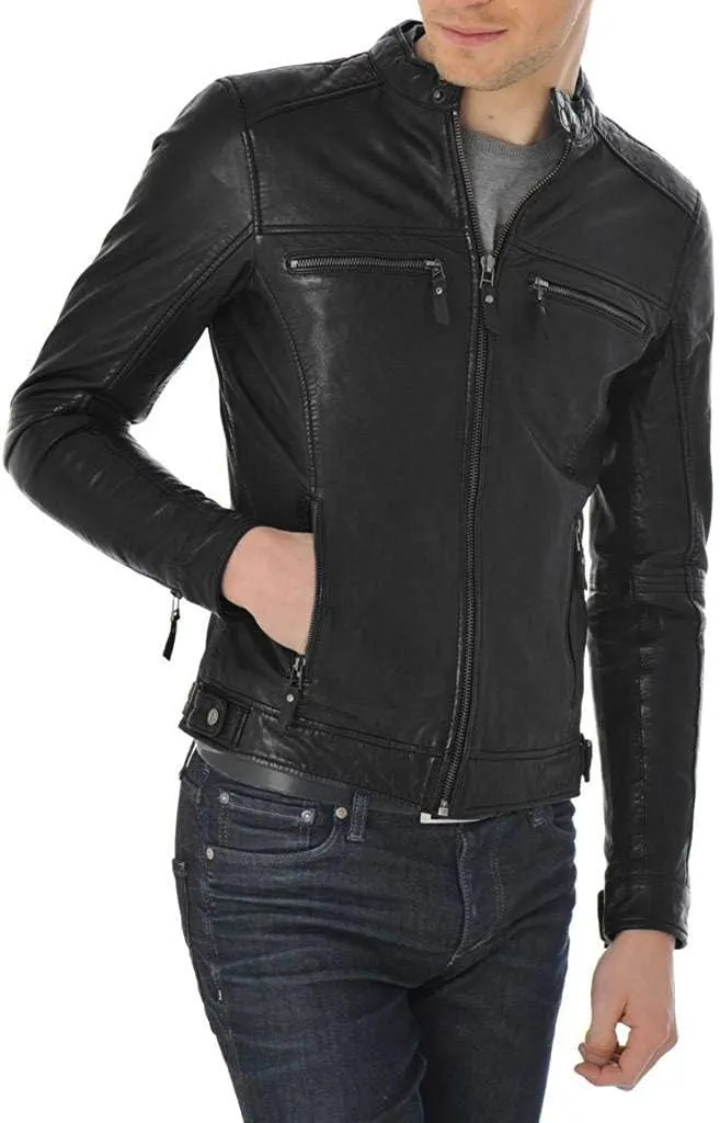 Mens Slim Shady Black Lambskin Leather Jacket, Biker Jacket