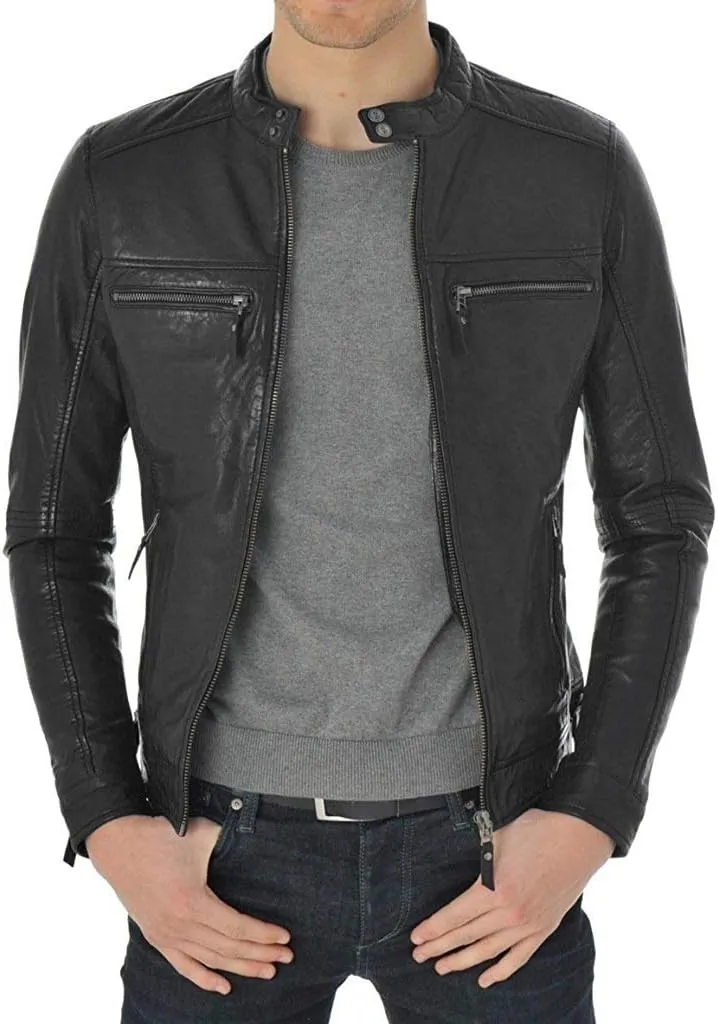 Mens Slim Shady Black Lambskin Leather Jacket, Biker Jacket