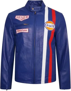Mens Steve McQueen Jacket Le Mans Multi Colors Gulf Stripes Racing Biker Leather Jacket