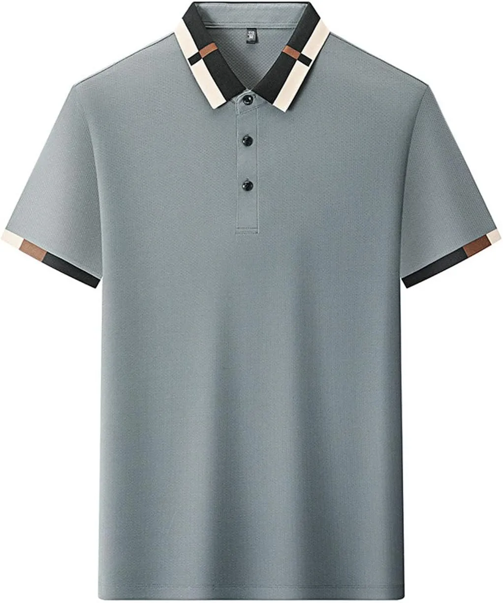 Men's Stretch Ice Silk Short Sleeve Lapel T-Shirt,Summer Quick Dry Lapel Short Sleeve Button Polo T Shirts for Men