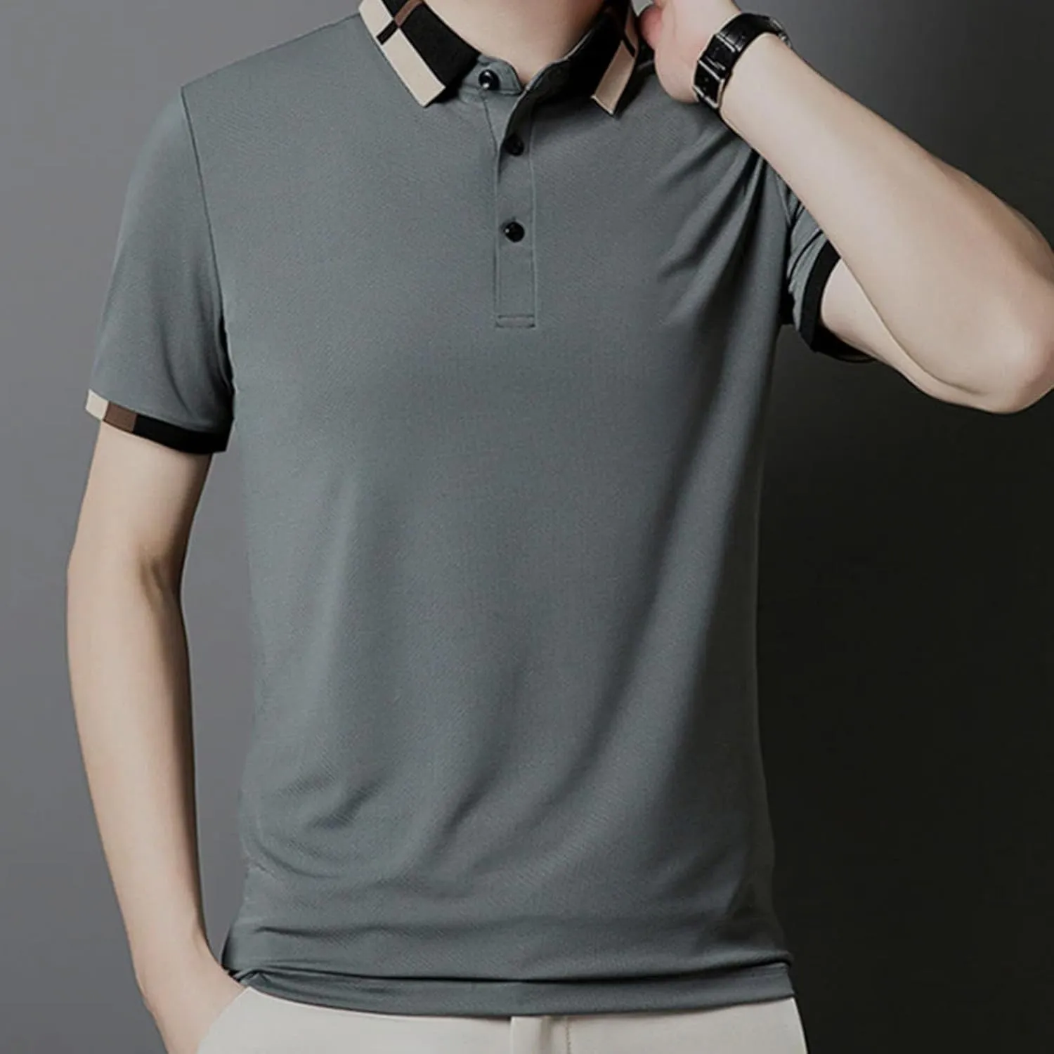 Men's Stretch Ice Silk Short Sleeve Lapel T-Shirt,Summer Quick Dry Lapel Short Sleeve Button Polo T Shirts for Men