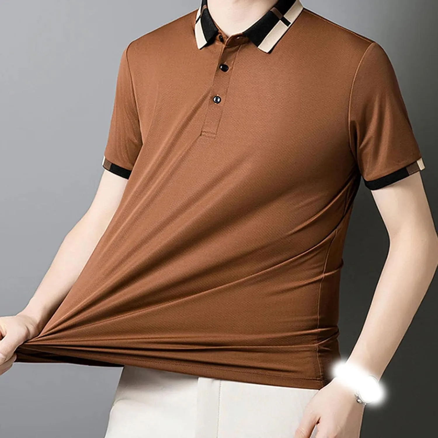 Men's Stretch Ice Silk Short Sleeve Lapel T-Shirt,Summer Quick Dry Lapel Short Sleeve Button Polo T Shirts for Men