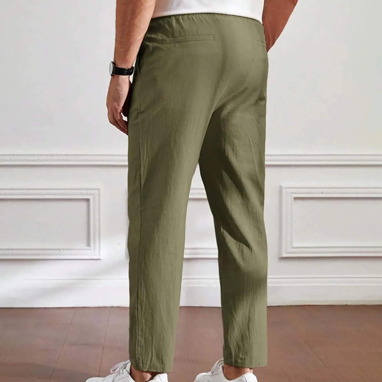 Mens Summer Cropped Pants Casual Elastic Waist Slim Fit Ankle Length Trousers with Pockets Stretch Drawstring Sweatpants