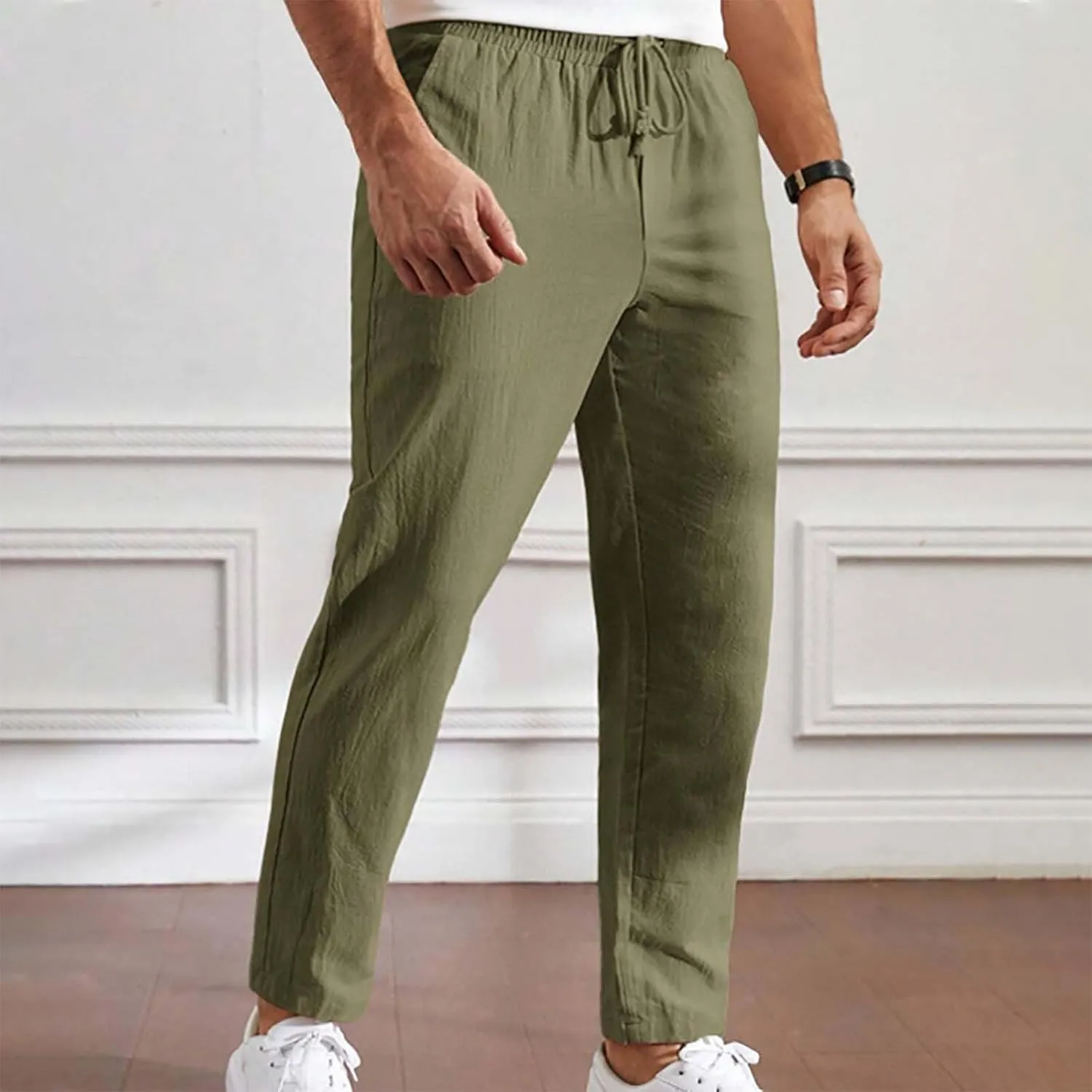 Mens Summer Cropped Pants Casual Elastic Waist Slim Fit Ankle Length Trousers with Pockets Stretch Drawstring Sweatpants