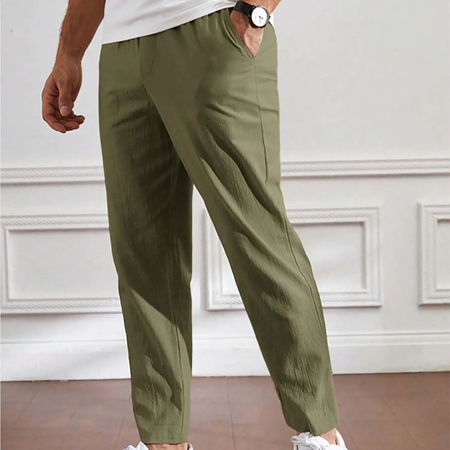 Mens Summer Cropped Pants Casual Elastic Waist Slim Fit Ankle Length Trousers with Pockets Stretch Drawstring Sweatpants