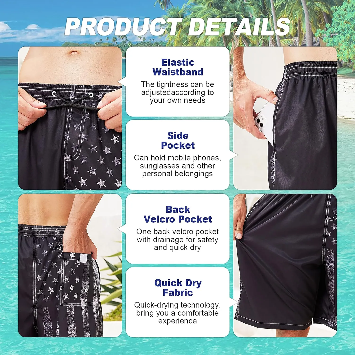 Mens Swim Trunks Quick Dry Board Shorts with Mesh Lining, Breathable Surf Beach Shorts Swimwear Bathing Suits