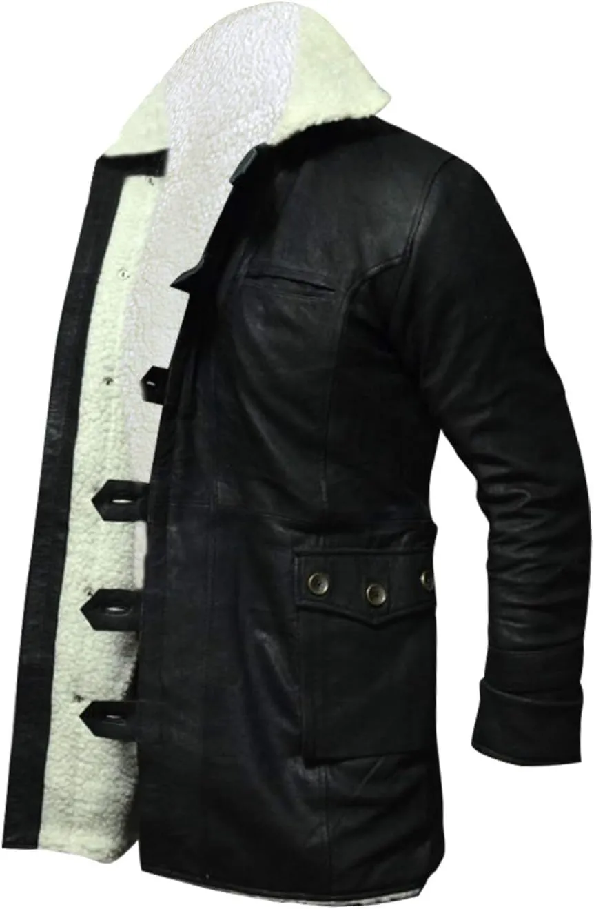 Mens Tom Hardy Dark Knight Bane Faux Fur Shearling Black Leather trench Swedish Bomber Coat