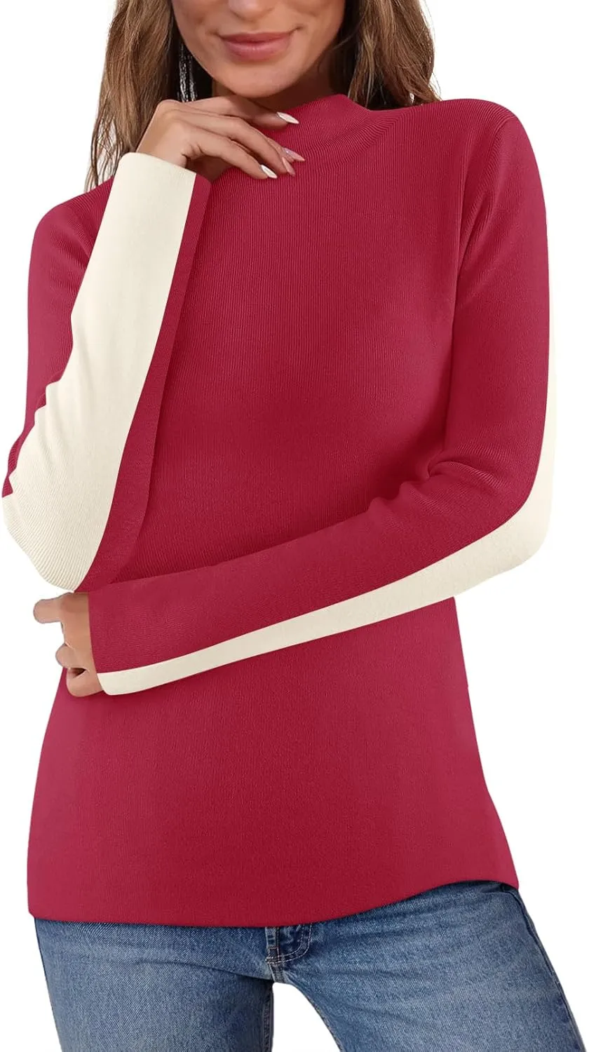 MEROKEETY Women's 2025 Fall Mock Neck Lightweight Pullover Sweater Fitted Ribbed Long Sleeve Color Block Knit Tee Shirt Tops