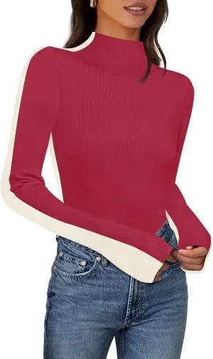 MEROKEETY Women's 2025 Fall Mock Neck Lightweight Pullover Sweater Fitted Ribbed Long Sleeve Color Block Knit Tee Shirt Tops