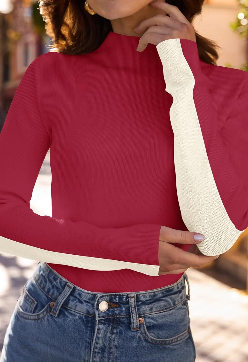 MEROKEETY Women's 2025 Fall Mock Neck Lightweight Pullover Sweater Fitted Ribbed Long Sleeve Color Block Knit Tee Shirt Tops