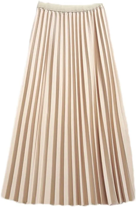 Midi Long Skirt Women Basic A Line Elastic High Waist Pleated Skirt Female Ladies