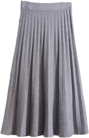 Midi Pleated Knitted Skirt Women Knee Length A Line High Waist Skirt Female Ladies