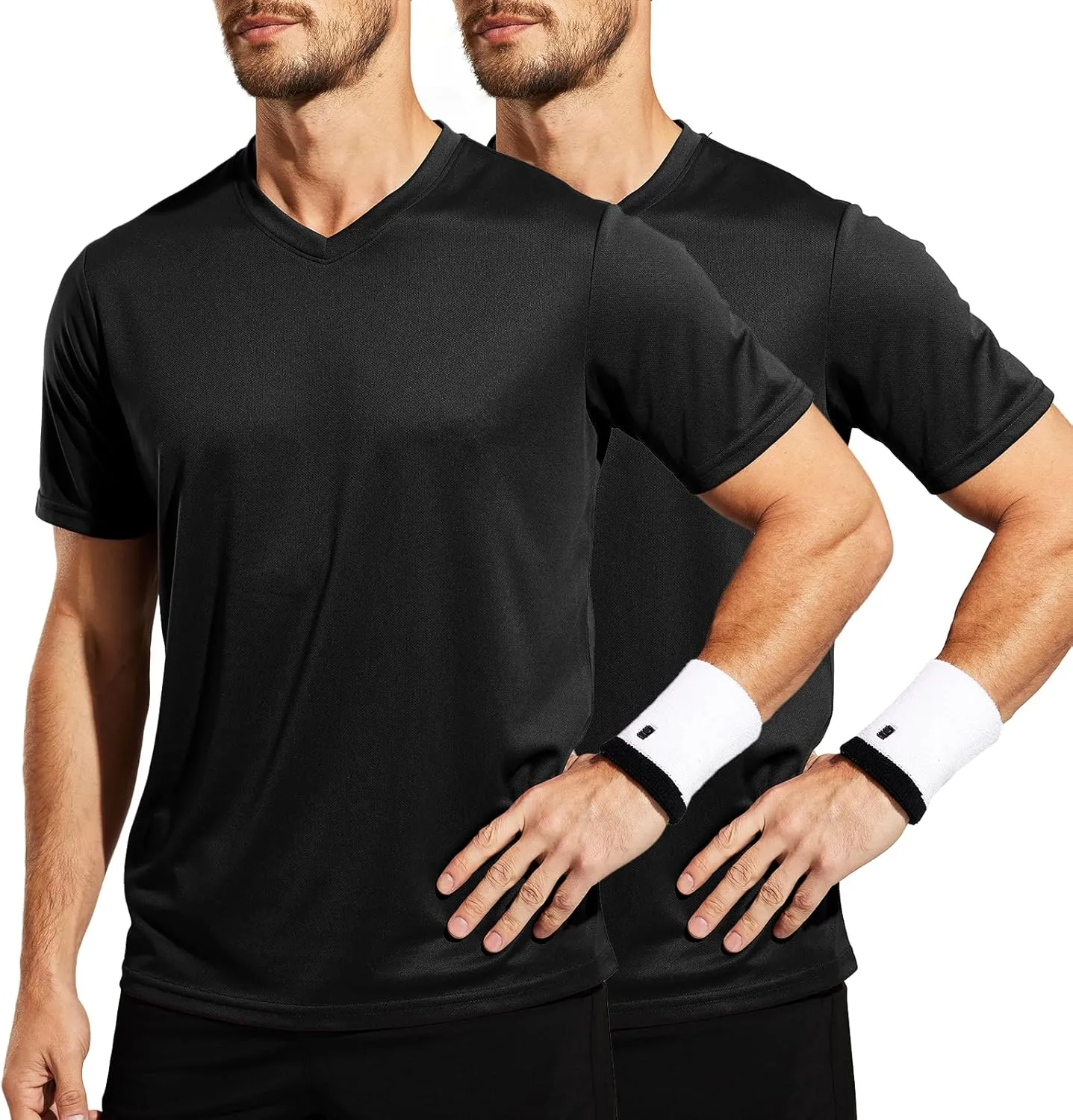 MIER Men's Quick Dry Workout Shirts Moisture Wicking Running Athletic Performance T-Shirts V Neck Top Tee, 2 Pack