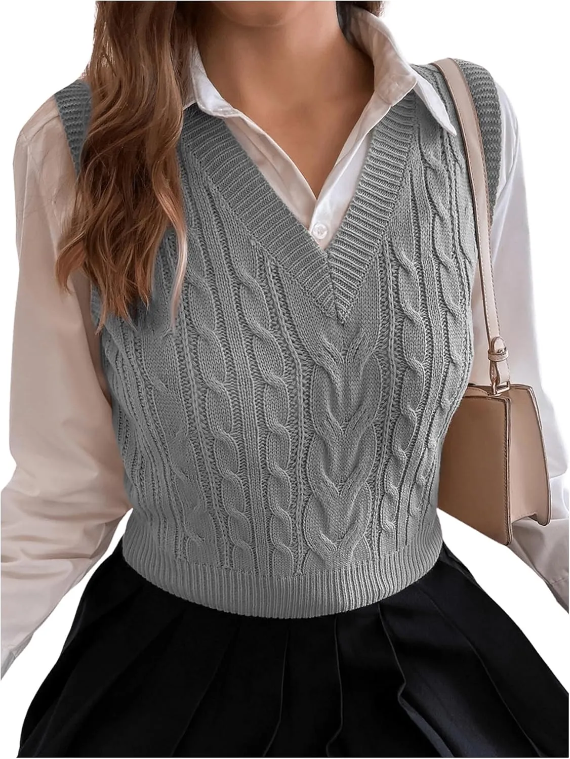 Milumia Women's Cable Knit V Neck Sweater Vest Sleeveless Ribbed Crop Tank Top