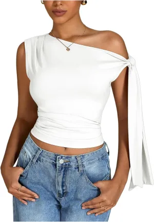 Milumia Women's Ruched Off One Shoulder Tops Y2K Asymmetrical Tie Shoulder Tank Top
