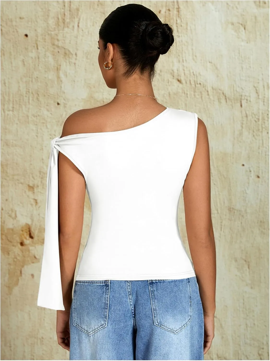 Milumia Women's Ruched Off One Shoulder Tops Y2K Asymmetrical Tie Shoulder Tank Top