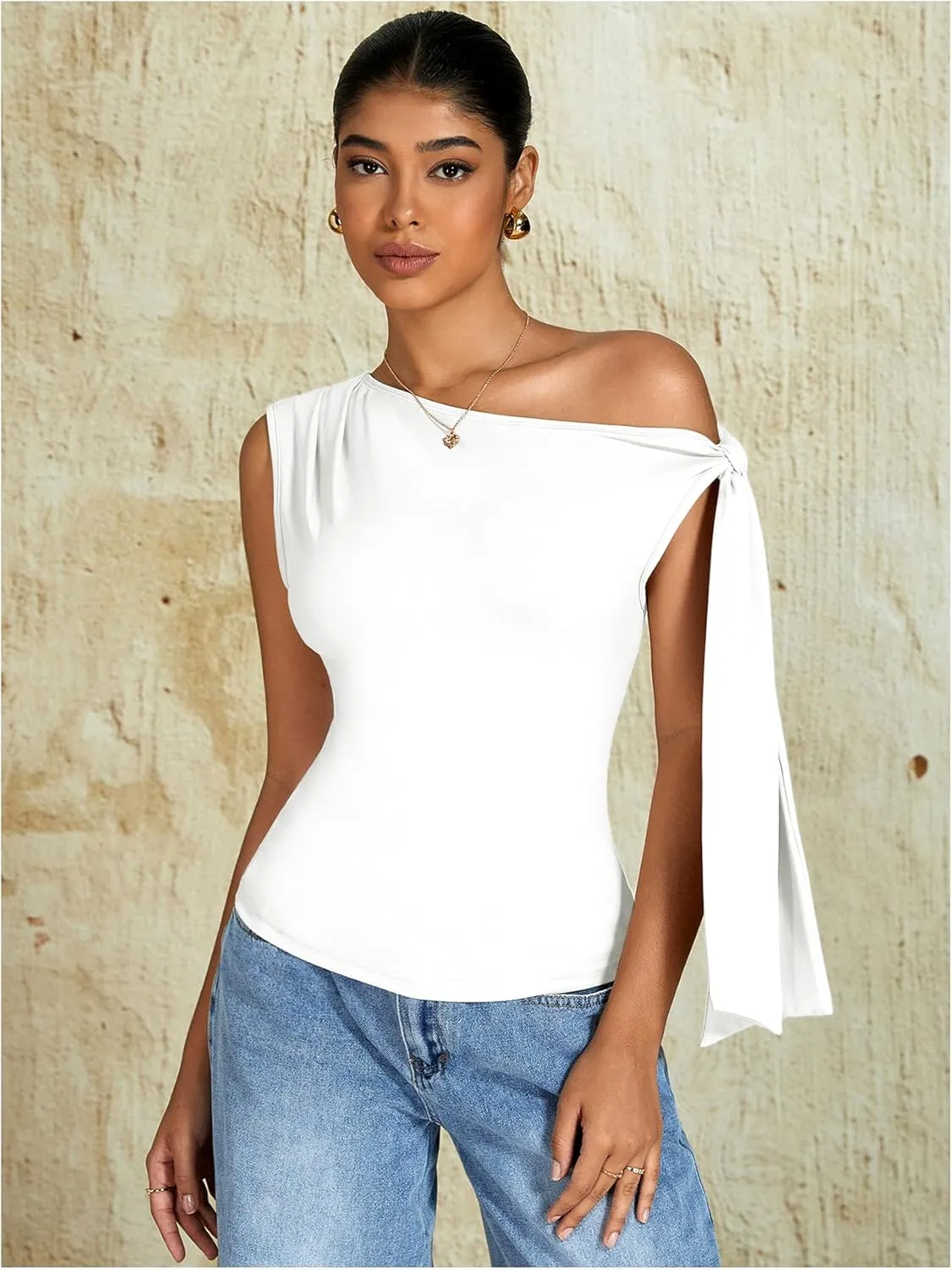 Milumia Women's Ruched Off One Shoulder Tops Y2K Asymmetrical Tie Shoulder Tank Top