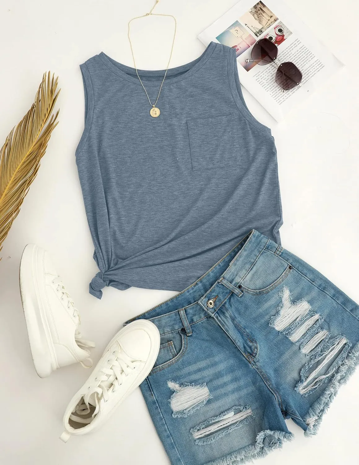MIROL Women's Sleeveless Tank Tops 2025 Basic Loose Tunic T Shirts Batwing Sleeve Solid Color Casual Tee with Pocket