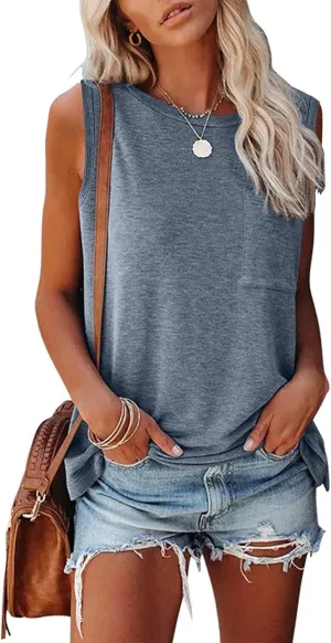 MIROL Women's Sleeveless Tank Tops 2025 Basic Loose Tunic T Shirts Batwing Sleeve Solid Color Casual Tee with Pocket