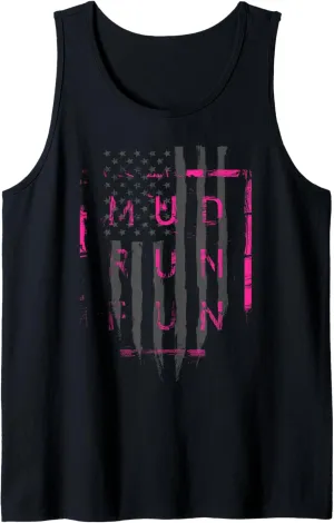 Mud Run Fun USA FLAG PINK Mudder Trail Running and Mudding Tank Top