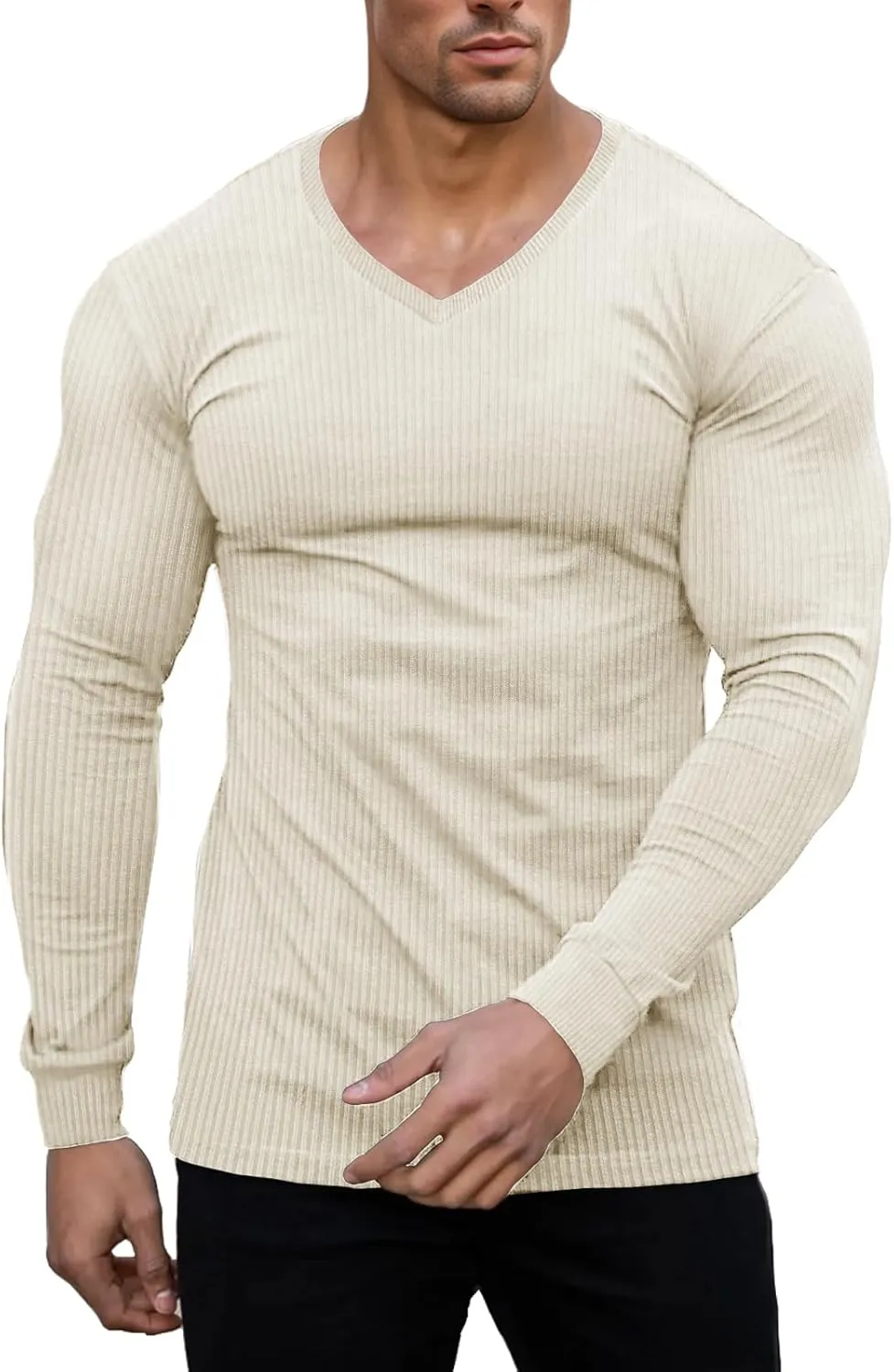 Muscle Cmdr Slim Fit V Neck Long Sleeve Muscle Thermal T Shirt Casual Ribbed Pullover Tee Lightweight Sweater Undershirts