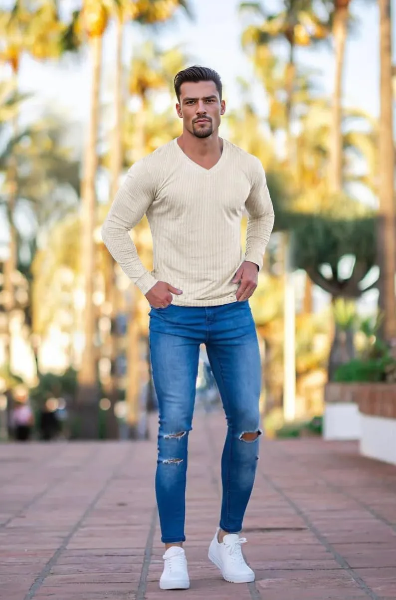 Muscle Cmdr Slim Fit V Neck Long Sleeve Muscle Thermal T Shirt Casual Ribbed Pullover Tee Lightweight Sweater Undershirts