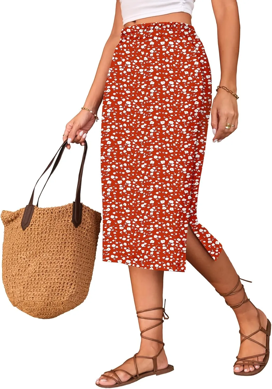Naggoo Midi Skirts for Women Summer Elastic High Waisted Side Slit Long Skirt