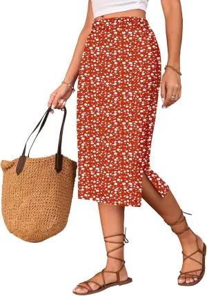 Naggoo Midi Skirts for Women Summer Elastic High Waisted Side Slit Long Skirt