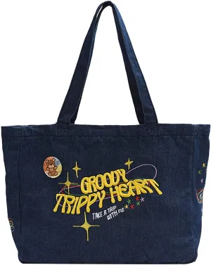 NCDUANSAN Tote Vintage Denim Embroidery Casual Cool Girl Shoulder Bag Soft Large Capacity Shopping Bag Harajuku