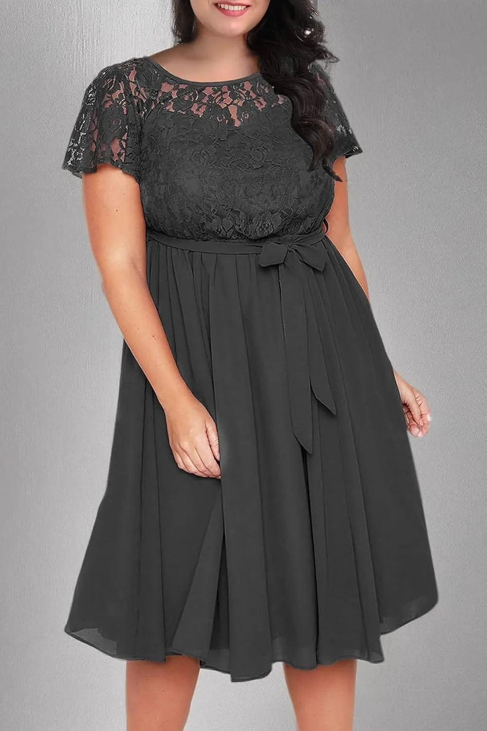 Nemidor Women's Scooped Neckline Floral lace Top Plus Size Cocktail Party Midi Dress