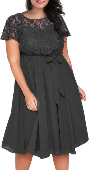 Nemidor Women's Scooped Neckline Floral lace Top Plus Size Cocktail Party Midi Dress