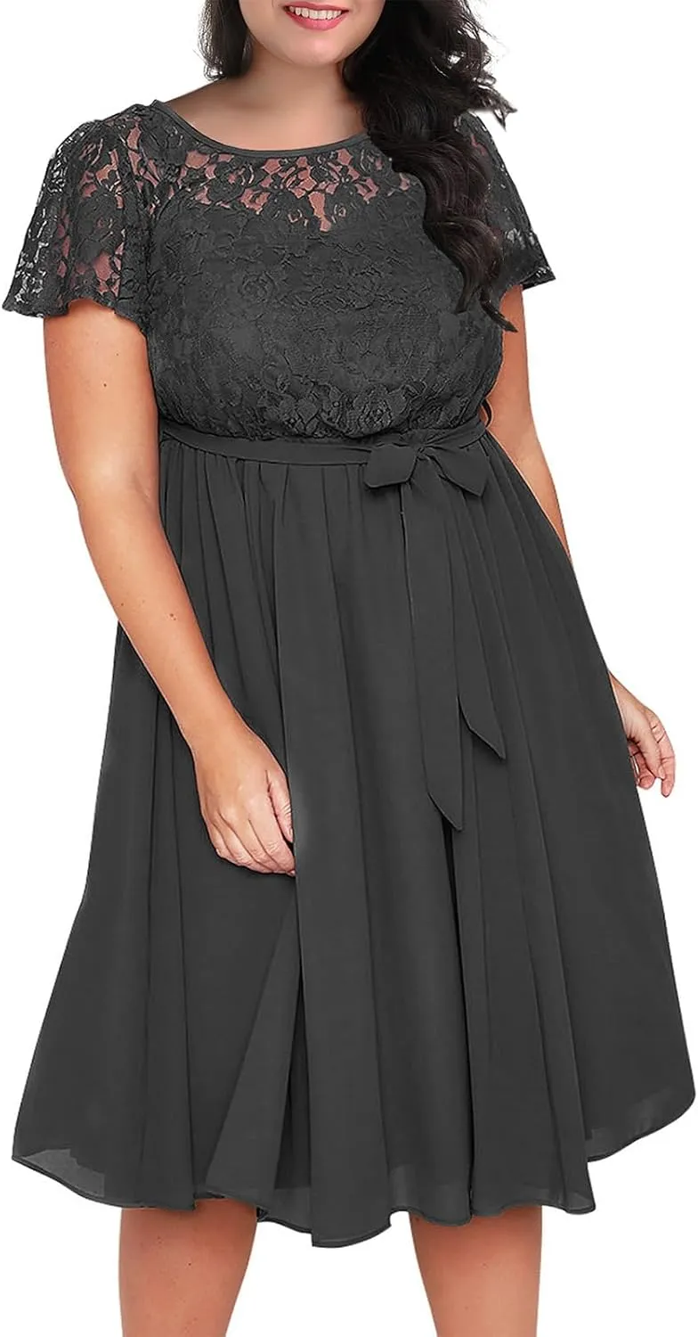 Nemidor Women's Scooped Neckline Floral lace Top Plus Size Cocktail Party Midi Dress