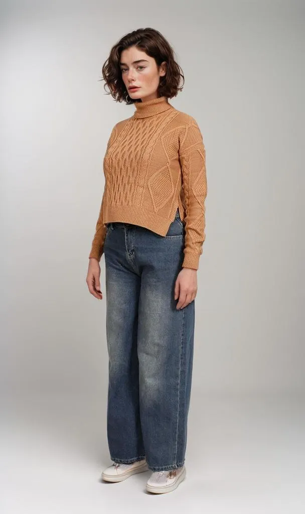 O199854-O199854 - Cable Knit Mock Neck Sweater - Caramel