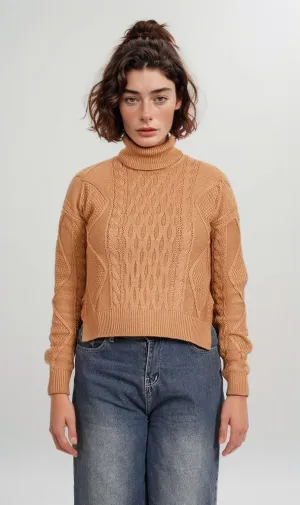 O199854-O199854 - Cable Knit Mock Neck Sweater - Caramel