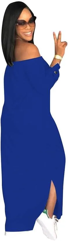 OLUOLIN Women's Casual Letter Print Off Shoulder Long Sleeve Bowknot Sides Slit Loose Long T-Shirt Maxi Dress