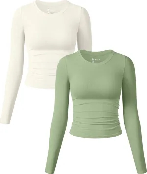 OQQ Womens 2 Piece Shirts Long Sleeve Crew Neck Ruched Stretch Basic Fitted Tee Shirts Tops