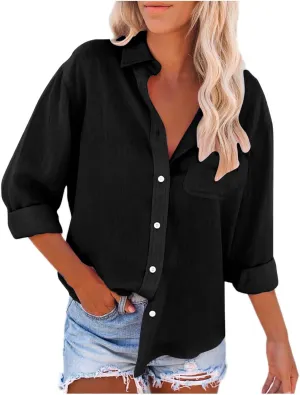Oversized Tshirts for Women Long Sleeve V Neck Blouses Button Down Plain Shirts Girls Fashion Vacation Beach Tops