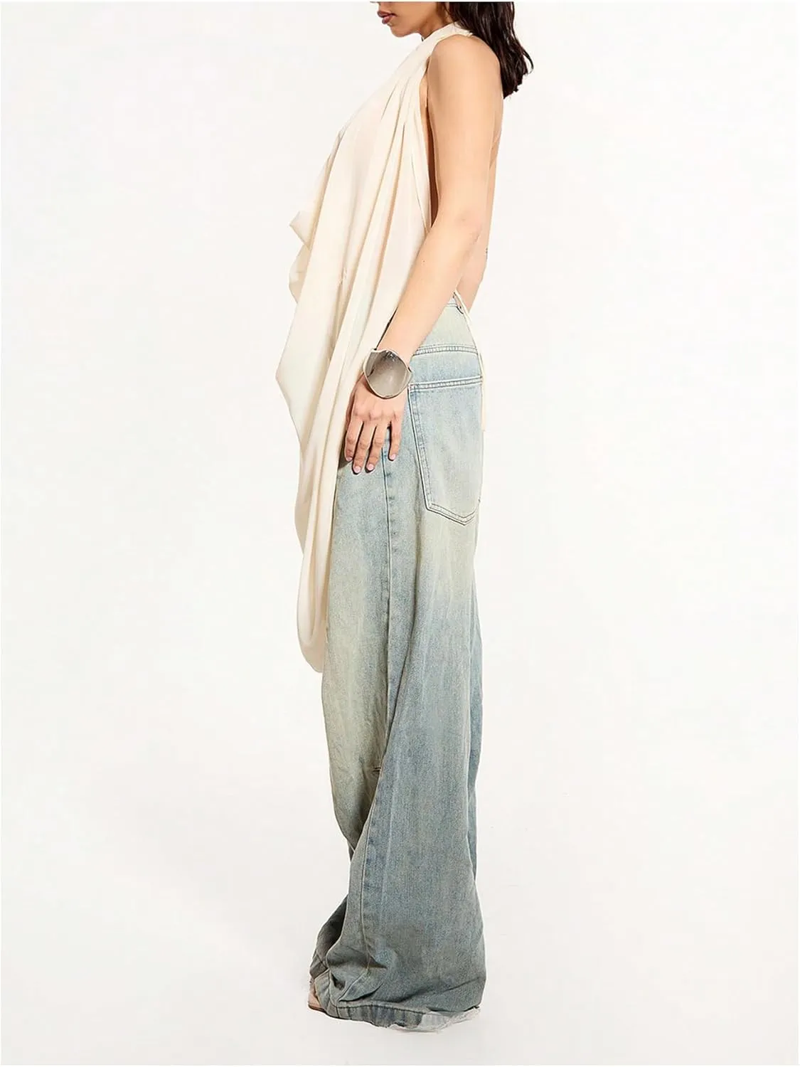 OYOANGLE Women's Backless Cowl Neck Sleeveless Tank Top Draped Front Chiffon Trendy Tops