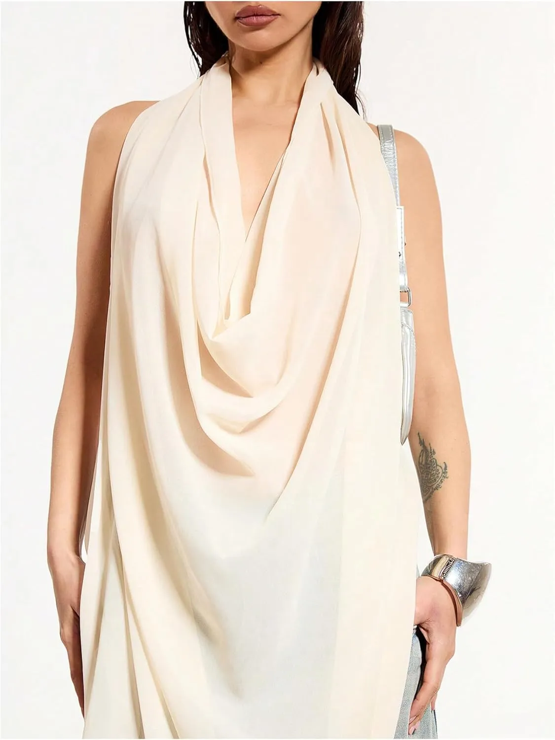 OYOANGLE Women's Backless Cowl Neck Sleeveless Tank Top Draped Front Chiffon Trendy Tops