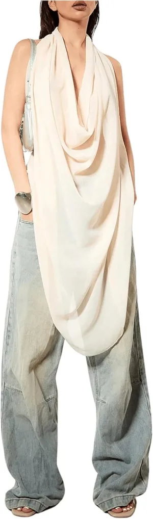 OYOANGLE Women's Backless Cowl Neck Sleeveless Tank Top Draped Front Chiffon Trendy Tops