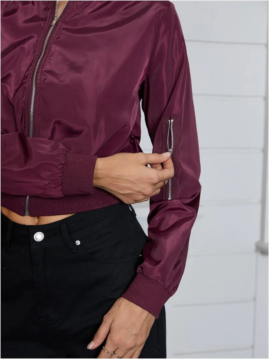 OYOANGLE Women's Lightweight Bomber Biker Jacket Zip up Windbreaker Crop Bomber Jacket Coat