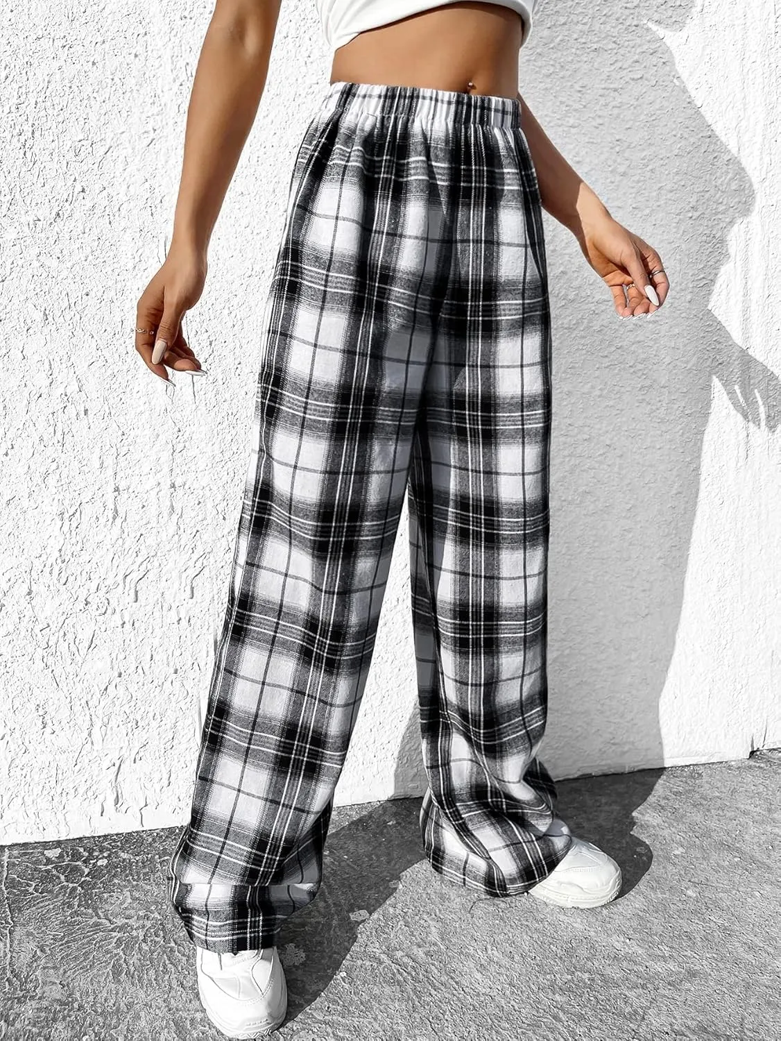 OYOANGLE Women's Plaid Print Elastic High Waist Straight Leg Pants Casual Loose Long Trousers