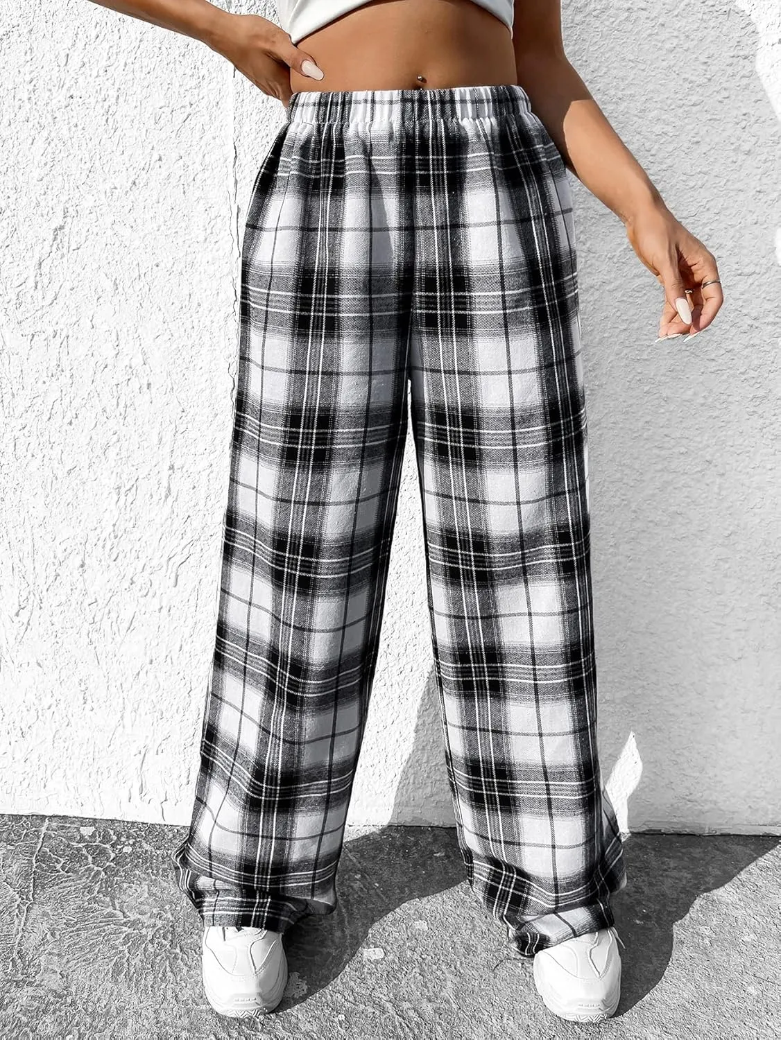 OYOANGLE Women's Plaid Print Elastic High Waist Straight Leg Pants Casual Loose Long Trousers
