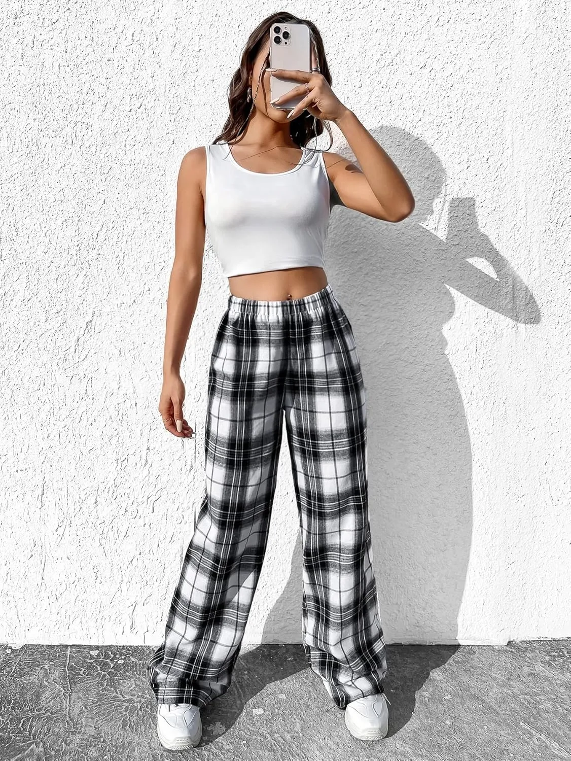 OYOANGLE Women's Plaid Print Elastic High Waist Straight Leg Pants Casual Loose Long Trousers