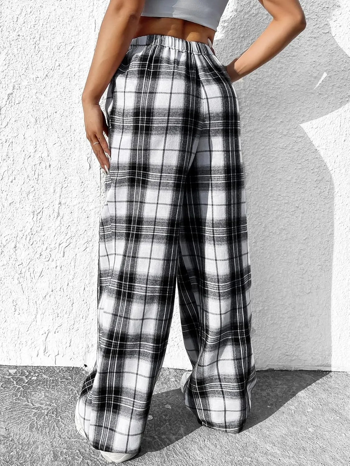 OYOANGLE Women's Plaid Print Elastic High Waist Straight Leg Pants Casual Loose Long Trousers