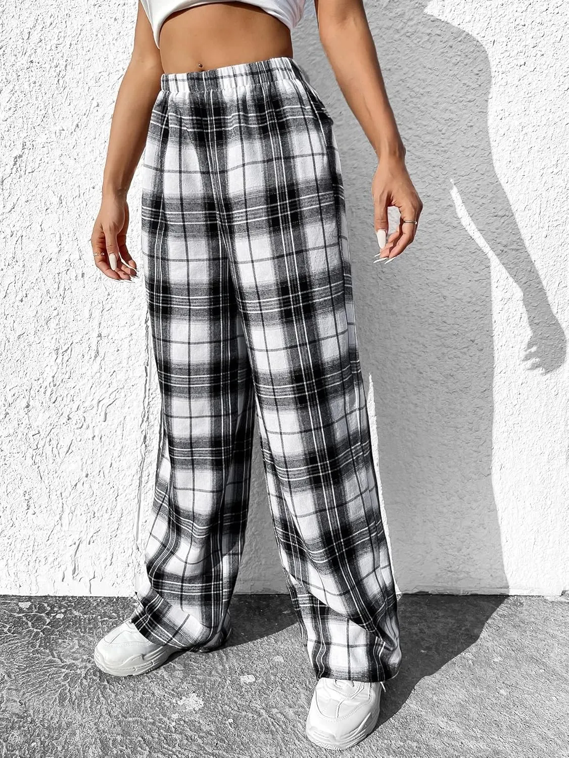 OYOANGLE Women's Plaid Print Elastic High Waist Straight Leg Pants Casual Loose Long Trousers