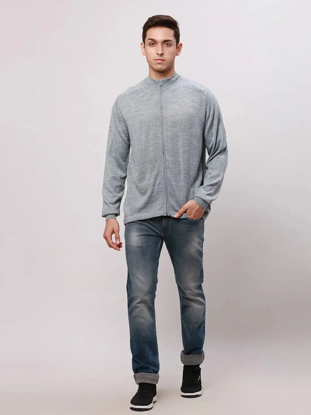 Park Avenue Men Grey Regular Fit Solid Cotton Full Sleeve V Neck Collar Pullovers